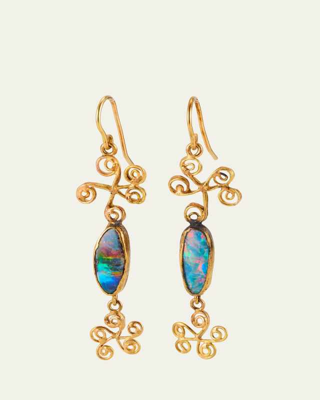 18K Gold Double Spiral Drop Earrings with Flashy Boulder Opals
